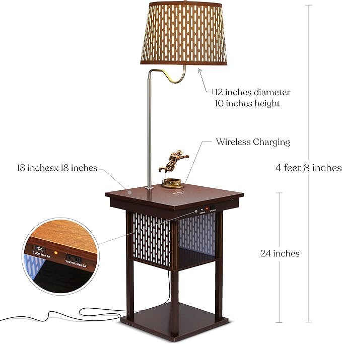 Brightech Madison Side Table with Lamp Combo, Desk Lamp with Wireless Charging Pad and USB Port, Bedside Reading Lamp, Nightstand Lamp with LED Bulb for Bedroom, Living Room, Office - Havana Brown