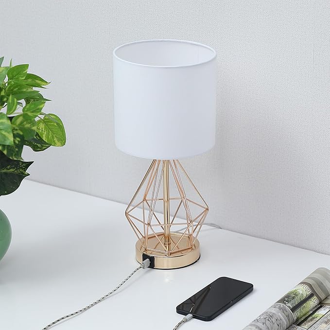 Table Lamp with USB Port, 3 Way Dimmable Touch Lamps for Nightstand, Modern Small Bedside Lamp with Fabric Shade, Gold Side Table Lamp for Bedroom Living Room, USB A & C, LED Bulb Included