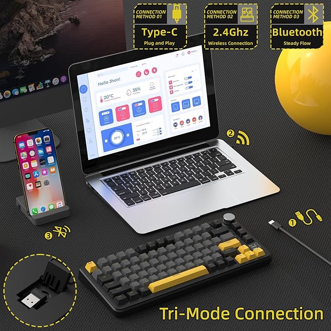 MAGIC-REFINER ATTACK SHARK X85PRO 75% Wireless Mechanical keyboard,TFT Smart Display&Knob,BT/2.4GHz/Wired Custom Gaming Keyboard,Gasket,Hot-Swap,RGB,with Pro Cable&5 Color PBT Keycaps,for PC/MAC,Black