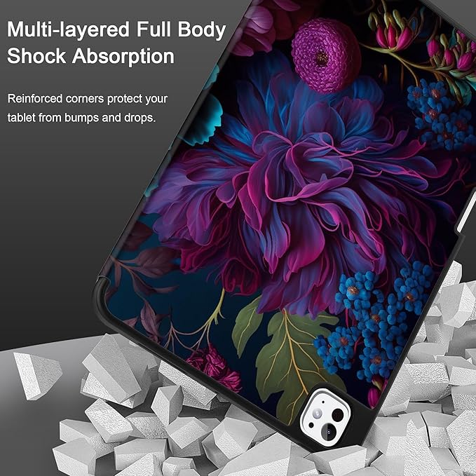 MEEgoodo Case for M5 iPad Pro 11 inch 2025/M4 iPad Pro 11 inch Case 2024, Tablet Cover with Trifold Stand & Pencil Holder & Auto Wake/Sleep & Soft TPU Back Cover, Beautiful Fantasy Flower