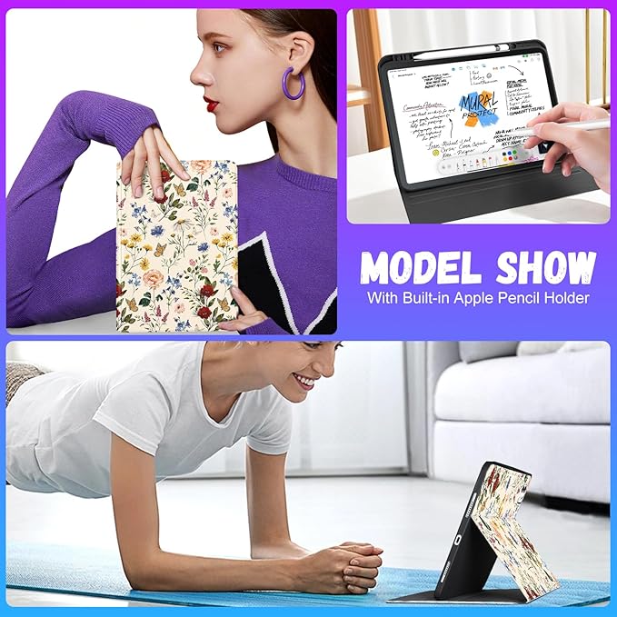 Uppuppy for iPad Pro 13 Inch Case 2024 - Women Cute Girls Folio Smart Cover with Pencil Holder Girly Flower Floral Pretty Aesthetic for iPad Pro M4 13 Inch Cases A2925 A2926 A3007