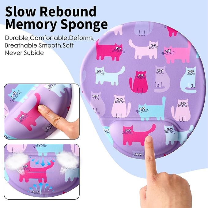 Ergonomic Mouse Pad with Wrist Support,Cute Mouse Pads with Wrist Rest,Comfortable Mouse Pad for Home Office Gaming Working Computers Laptop,Pain Relief with Non-Slip PU Base (Cute Cat)