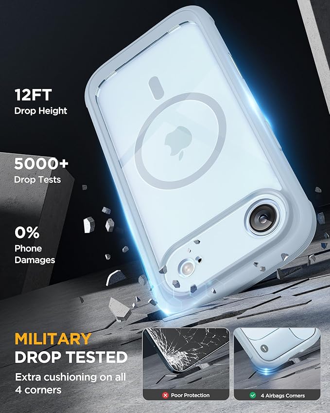 Miracase Magnetic for iPhone Air Case 6.5" [Compatible with MagSafe] Full-Body Phone Case with Built-in Glass Screen Protector & Camera Control,Drop Proof iPhone 17 Air Case Cover, Light Blue
