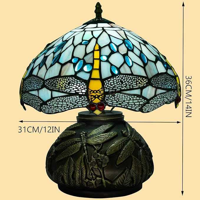 12 Inch Dragonfly Tiffany Lamp with Remote Control, Adjustable Brightness and Color Temperature, E26 Bulb, 9W, Ocean Blue Dragonfly Mushroom Stained Glass Bedside Lamp