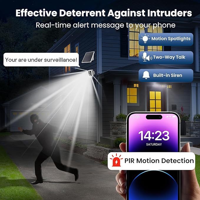 Security Camera Wireless Outdoor with Solar Panel, Free Cloud Storage, Integrated Spotlight & Siren, 1-6 Months Battery Life, Cameras for Home Security Support 5G & 2.4GHz WiFi, IP66 Weatherproof