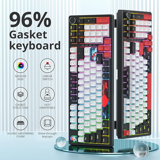 surmen Creamy Keyboard with with Number Pad, 96% RGB Mechanical Keyboards Full Gasket Mounted Hot Swappable Custom Wired Thocky Keyboard with Knob for Office Gamer (98 White)