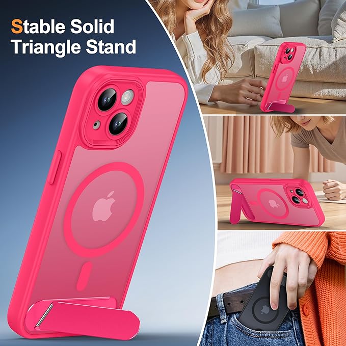 Magnetic Compatible with iPhone 15 Case, [Built-in Invisible Kickstand][Compatible with MagSafe][Full Camera Protection] Translucent Matte Phone Case for iPhone 15 6.1" Hot Pink