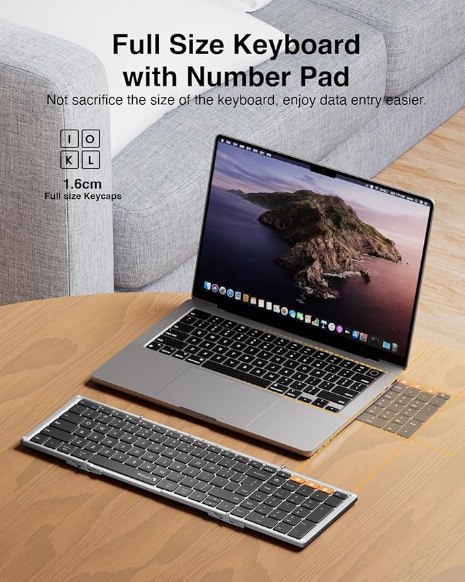 ProtoArc Foldable Bluetooth Keyboard, XK01 Full-Size Portable Keyboard for Travel, 105 Keys, 0.65" Keycaps, Multi-Device Sync for iPad Tablet Smartphone Laptop PC Windows iOS Android, Black Silver