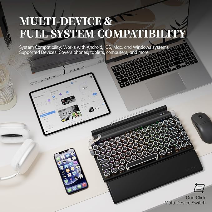 7KEYS Typewriter Keyboard Wireless Retro Style, Vintage Classical Mechanical Keyboard with Bluetooth for IPAD PC/Laptop Mac/Phone (Black+Wrist)