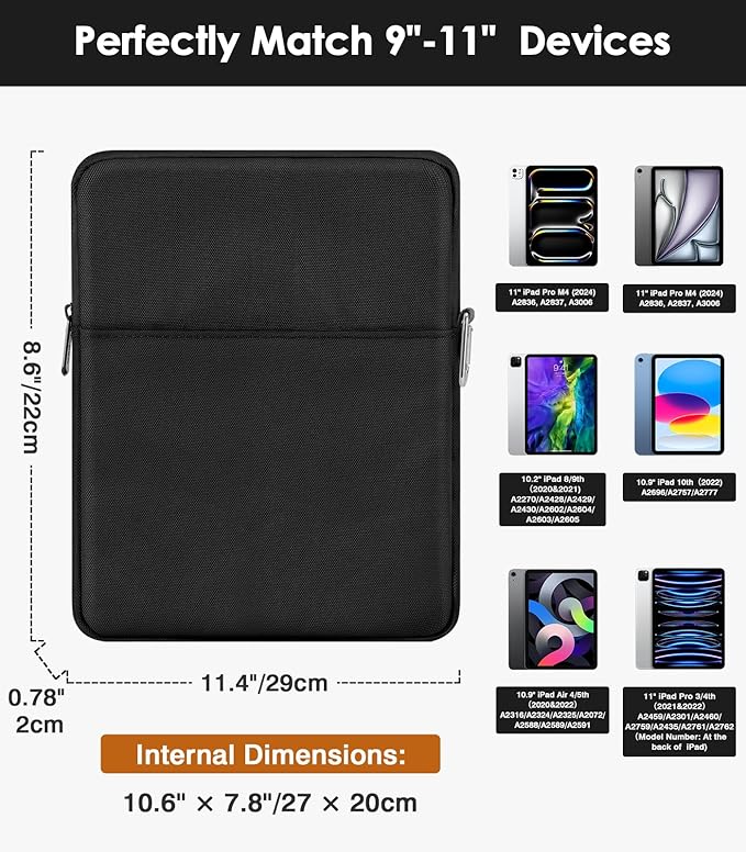 MoKo 9-11 Inch Tablet Sleeve Bag Carrying Case Fits New 11-inch iPad Pro M4/iPadAir M2 2024, Air 5/4/3 10.9"/10.5", Pro 11 M2, 10th 10.9, 9/8th Gen 10.2, Galaxy Tab S8/S9 11", Black