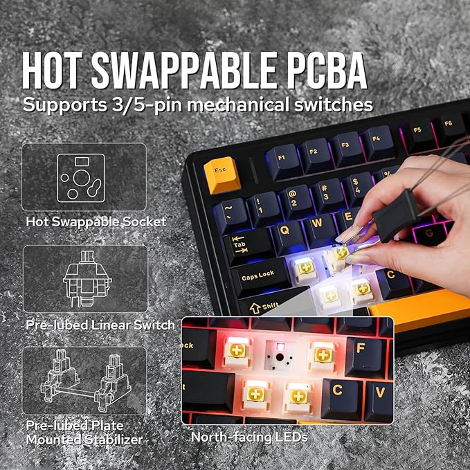 EPOMAKER x Aula F75 Gasket Mechanical Keyboard, 75% Wireless Hot Swappable Gaming Keyboard with Five-Layer Padding&Knob, BT/2.4GHz/USB-C, RGB (Black, Ice Vein Switch)
