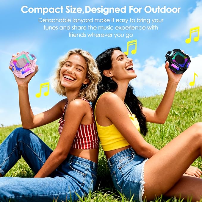 Shower Speaker Bluetooth 5.4, IPX7 Waterproof Portable Bluetooth Speakers with LED Lights, 24H Playtime, TWS Pairing for Dual Stereo Sound, Detachable carabiner for Outdoor Pool Beach Gift -Black