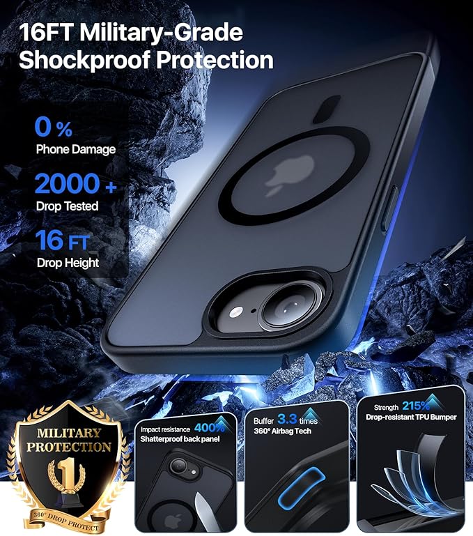 Eastinbox Magnetic Shockproof for iPhone 17e & iPhone 16e Case [Compatible with MagSafe] [Military-Grade Protection] Anti-Yellowing, Matte Protective Phone Case for iPhone 17 e/16 e 6.1", Black