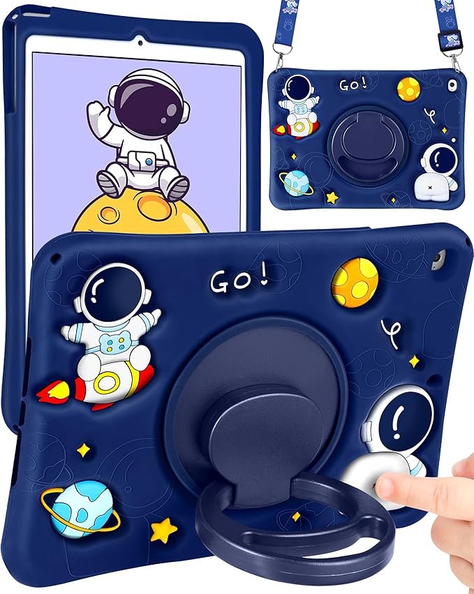 Wazzasoft for iPad mini 4/5 Case 7.9 Inch Girls Boys Cute Astronaut Cover Kawaii 3D Cartoon Spacemen with Rotating Handle Stand + Strap Soft Silicone Funda for Apple iPad mini 5th/4th Gen Cases