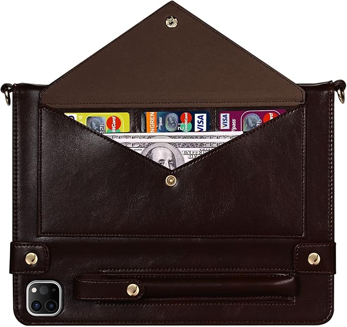 Handbag Case for iPad Air 13" & Pro 12.9" 2018-2022, Techcircle PU Leather Folio Stand iPad Crossbody Wallet Case with Pencil Pocket, Card Slots, Hand Strap+Shoulder Strap, Dark Brown