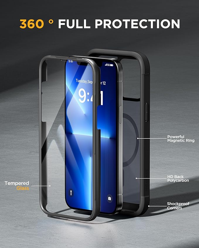 Miracase Magnetic for iPhone 13 Pro Max Case 6.7 inch, (Compatible with MagSafe) Upgrade Full-Body Clear Phone Bumper Case with Built-in 9H Tempered Glass Screen Protector, Magnetic Matte Black