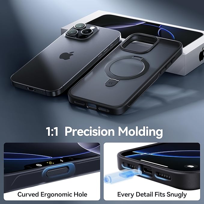 CASEKOO Ultra-Magnetic Stand for iPhone 16 Pro Case [Military Drop Protection] [Compatible with MagSafe] Shockproof Translucent Matte Slim Ring Holder Case for iPhone 16 Pro 6.3", Black