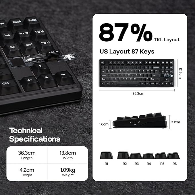 MechLands Aula F87 PRO V2 Wireless Gaming Keyboard with 10000mAh Battery, 8K Polling, SOCD/MT/TGL, BT/2.4GHz/Wired, Hot Swap TKL Mechanical Keyboard with Creamy Gasket, RGB Backlit (Black Transparent)