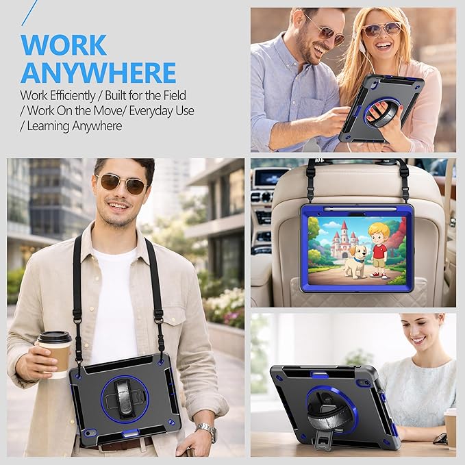 Case for iPad (A16) 11th/10th Generation Case: Protective Cover for iPad 11th Gen 11 Inch 2025 &10th Gen 10.9" 2022 with Screen Protector- Stand- Shoulder Strap- Handle- Pencil Holder-Blue+Black