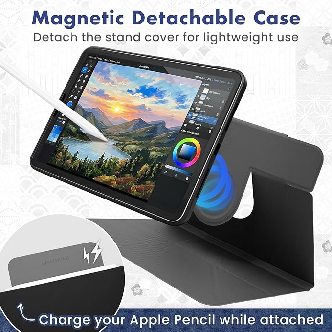 BELLEMOND iPad Pro 11" Case M5 2025 / M4 2024 | Origami Folio Stand | 6-Mode Foldable, Magnetic Detachable Cover | Mamoru Ori Case | Black & Grey