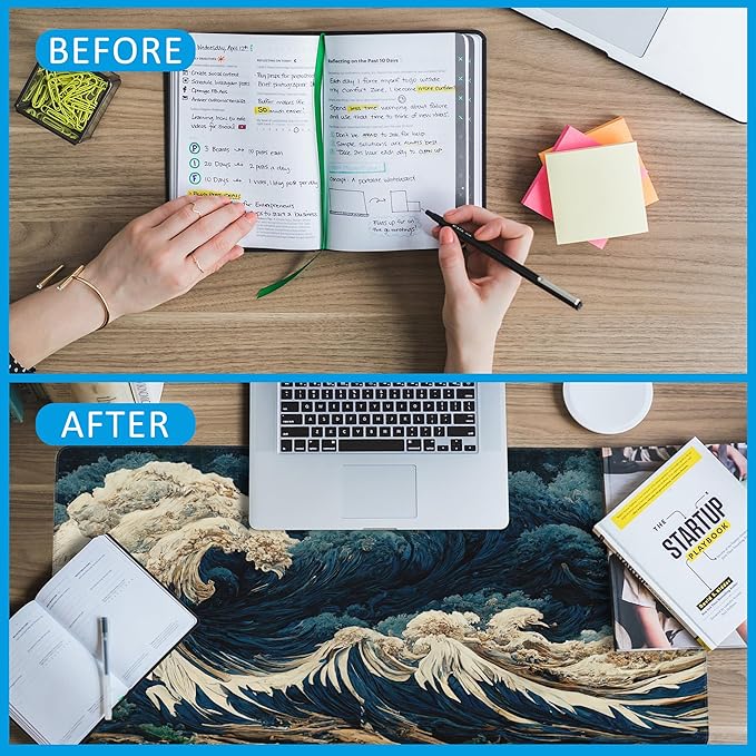 Japanese Ocean Waves Large Gaming Mouse Pad,Waterproof Desk Mat for Desktop,Non-Slip Rubber Base Mousepad with Stitched Edges for Laptop Office and Home 35.4X15.7 Inch