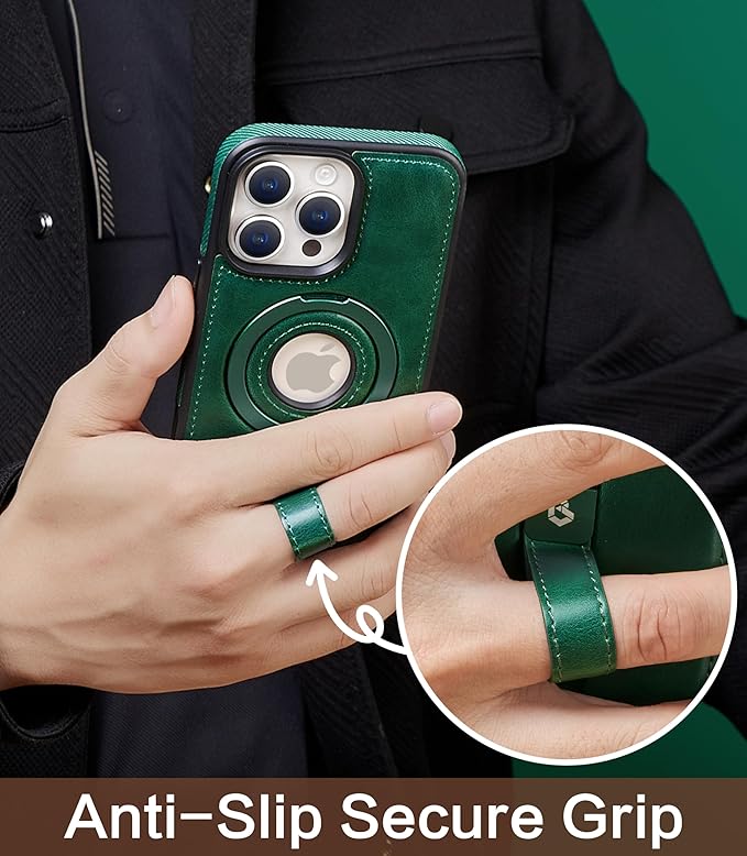 Butaiga for iPhone 16 Pro Max Leather Case with Stand, Anti-Slip Grip Ring, Fits for MagSafe (Green, iPhone 16 Pro Max)