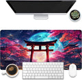 Anime Torii Gate Desk Mat, Cherry Tree and Galactic Sky Large Gaming Mouse Pad, 31.5"x15.7" Extended Big Computer Keyboard Mouse Pad with Non-Slip Base and Stitched Edge