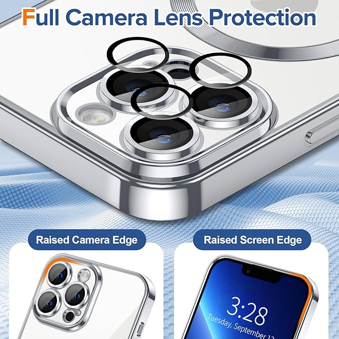 Hython Magnetic Clear for iPhone 13 Pro Case with Camera Lens Protector [Compatible with MagSafe] Luxury Plating Edge Slim Soft TPU Cover Protective Phone Case for iPhone 13 Pro 6.1", Silver