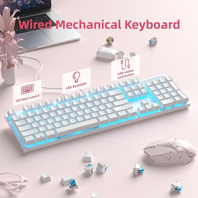 MageGee Mechanical Gaming Keyboard, Wired USB Adjustable Backlight Keyboard, New Mechanical Storm 100% Anti-ghosting Keyboards with Blue Switches for Windows PC/MAC Games (White)