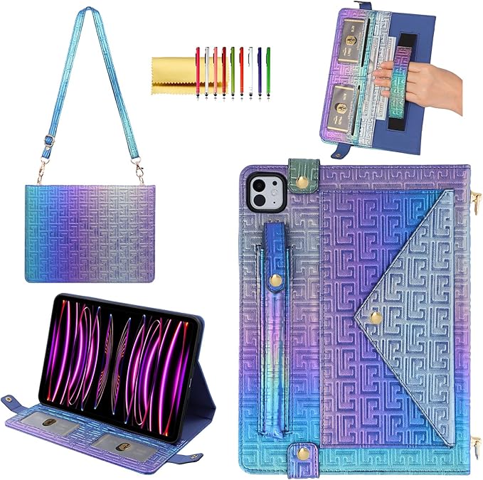 Shiny Case for iPad Pro 11" 2018-2022 / Air 10.9" 11" Handbag with Hand Strap, Techcircle Crossbody Iridescent Folio Stand Wallet Case with Pencil Holder+Card Slots+Shoulder Strap, Shiny Indigo
