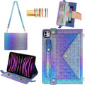 Shiny Case for iPad Pro 11" 2018-2022 / Air 10.9" 11" Handbag with Hand Strap, Techcircle Crossbody Iridescent Folio Stand Wallet Case with Pencil Holder+Card Slots+Shoulder Strap, Shiny Indigo