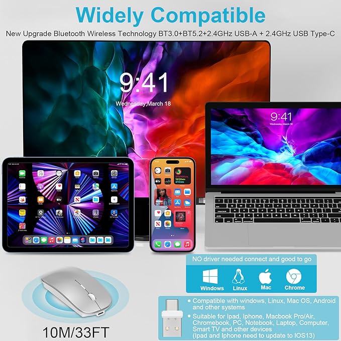 Mouse for MacBook Wireless Bluetooth Mouse Laptop MacBook Air Mac Pro Rechargeable Silent PC iPad Optical Mouse with Dual Mode Switch Bluetooth 5.2/3.0 and 2.4GHz USB Type-C Receiver Rose Gold
