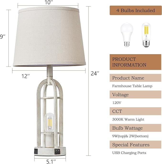 SRJJA Farmhouse Table Lamps for Living Room Set of 2 - Rustic Industrial Bedside Lamps for Bedroom Nightstand with Nightlight and USB A+C, 4 Bulbs Included