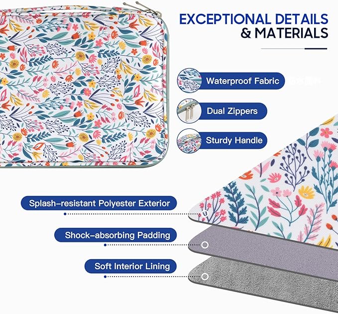 TiMOVO 9-11" Tablet Sleeve Bag for iPad 11-inch A16 2025, iPad 10.9"/10.2"| Air 11 Inch/5th/4th Gen. 10.9", Galaxy Tab A9+/A11Plus 11", Protective Bag with Pockets, Flowers