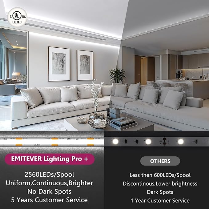 EMITEVER COB LED Strip Lights White, 5000K Tape Light Premium High Density, DC 24V, 360+Lumens/ft, 2560LEDs/Spool, Ra 90+, 16.4ft/5m, UL Listed 5 Year After-Service (Power Supply Sold Separately)