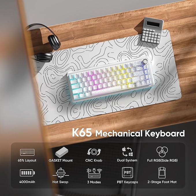 RedThunder K65 Wireless Mechanical Keyboard, CNC Knob, Tri-Mode BT5.0/2.4GHz/USB-C Hot Swappable Custom, Pre-lubed Linear Coconut Switches, Gasket Structure, RGB Gaming Keyboard, White Contour Lines