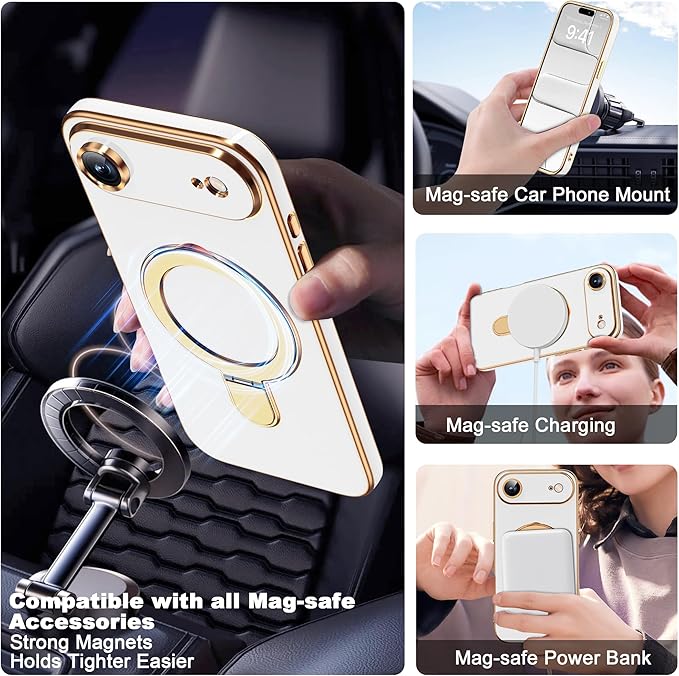 Compatible with iPhone 17 Air Case with Magnetic Ring Stand [Compatible with Mag-Safe] [Full Camera Lens Protector] Soft Plating Phone Case for iPhone 17 Air 6.5", White
