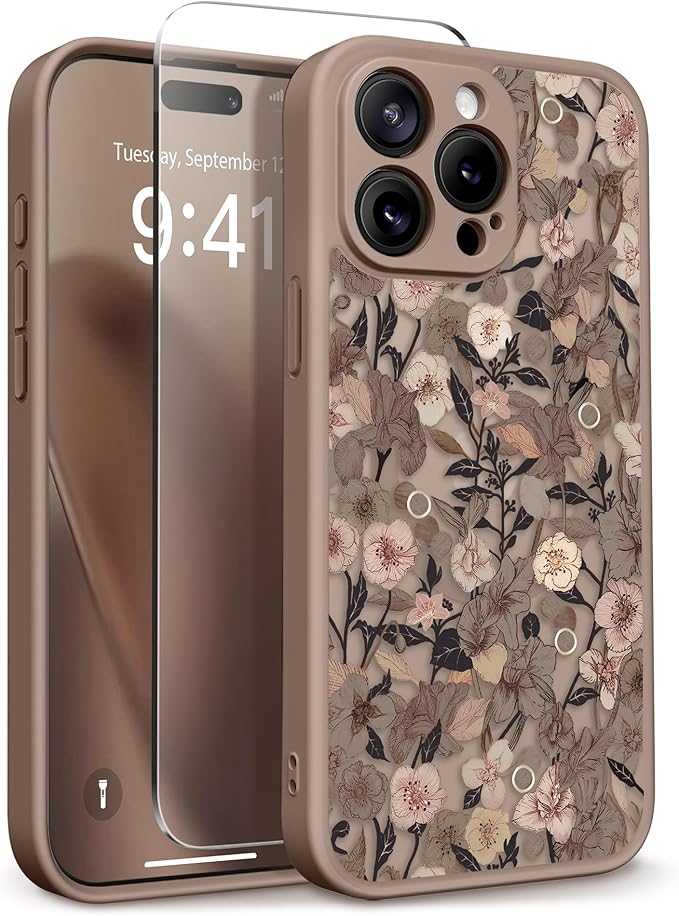 GVIEWIN for iPhone 15 Pro Max Case Compatible with MagSafe, [Military Grade Protection] [Screen Protector] Full Camera Protection Floral Translucent Women Magnetic Phone Case, Apricot Blossom/Brown