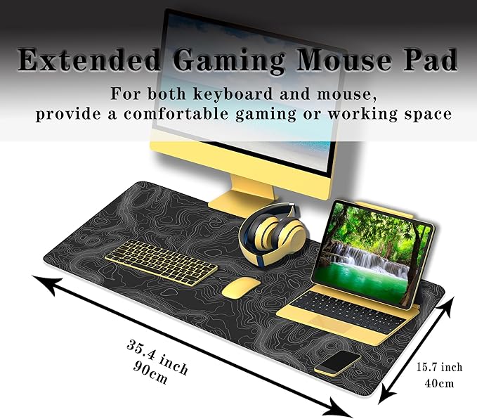 Computer Desk Pad - Black and White, Gaming Keyboard and Mouse Pad, Non-Slip Rubber Base, 35.4 X 15.7 inch for Work/Game/Office Topographic Map