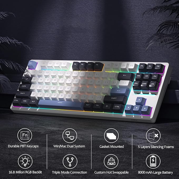 MageGee 87 Keys Wireless Creamy Keyboard, Gasket Tri-Mode 2.4G/USB-C/BT Gaming Keyboard, RGB Backlit Hot Swappable Mechanical Keyboard for Win/Mac/PC, 8000mAh Battery