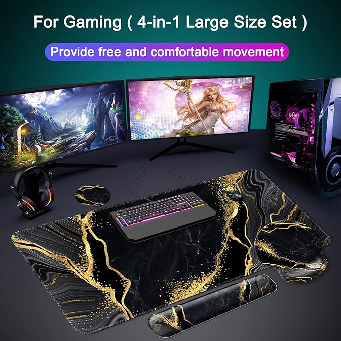 Mouse Pad + Desk Mat + Keyboard Wrist Rest + Coaster 4 in 1 Set, Cute Ergonomic Large Gaming Mousepad with Wrist Rest Support Desk Pad for Computer Laptop Office Home Decor-Marble 2
