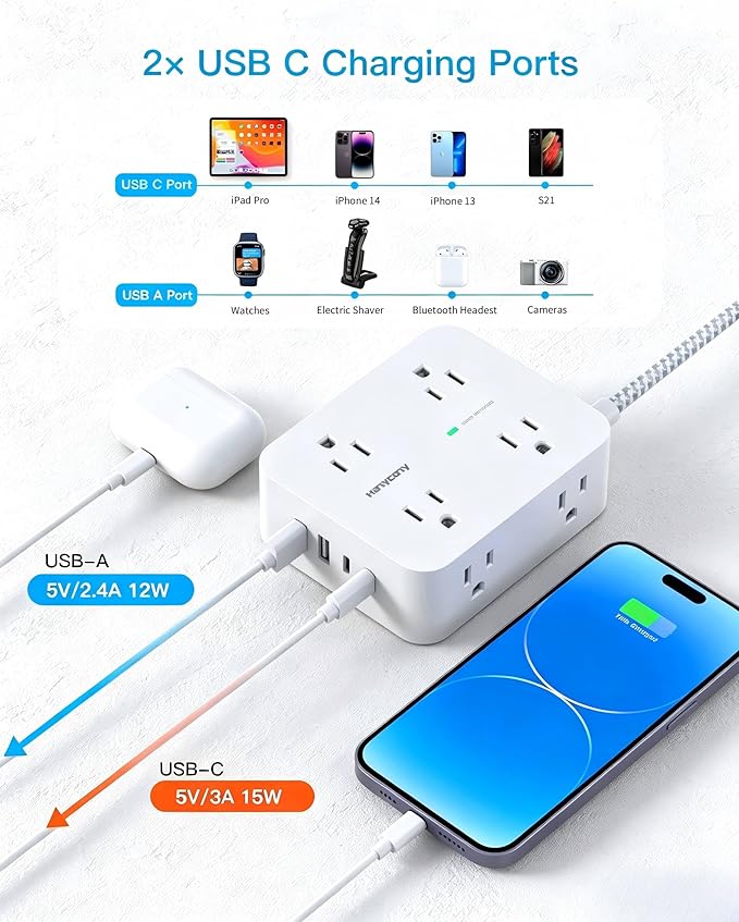 HANYCONY 5 Ft Braided Extension Cord with Ultra-Thin Flat Plug, 8 Widely Spaced Outlets and 4 USB Ports (2 USB C), 1080J Surge Protector Power Strip, Small Desktop Charging Station for Dorm Room