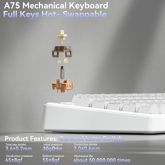 SOLAKAKA A75 Wireless Gaming Keyboard with Multifunction Knob, BT5.0/2.4GHz/USB-C, 75% Mechanical Keyboard, Hot-Swappable, Gasket Creamy Keyboard with RGB Backlit, Crystal Keycaps, for PC/Mac/PC