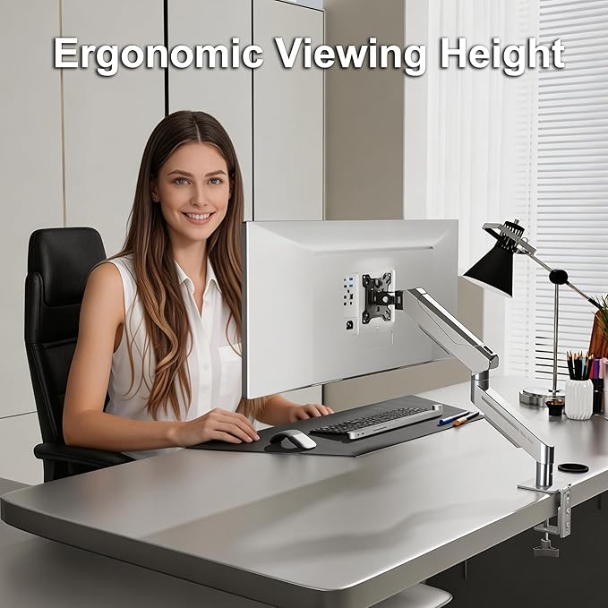 THEARK Single Monitor Desk Mount 17"-32" Screens - Adjustable Gas Spring Monitor Arm Computer Monitor Stand up to 19.8 lbs,VESA Arm Desk Mount with C-Clamp and Grommet Base,VESA 75x75/100x100mm,Silver
