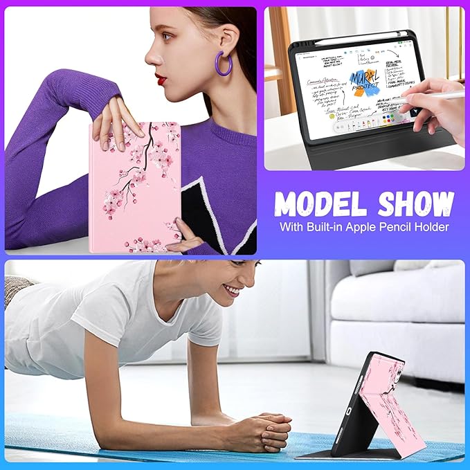 Uppuppy for iPad Pro 11 Inch Case 2024 - Cute Women Girls Folio Smart Cover with Pencil Holder Girly Flower Unique Pretty Aesthetic for iPad Pro 11 M4 Cases A2836 A2837 A3006