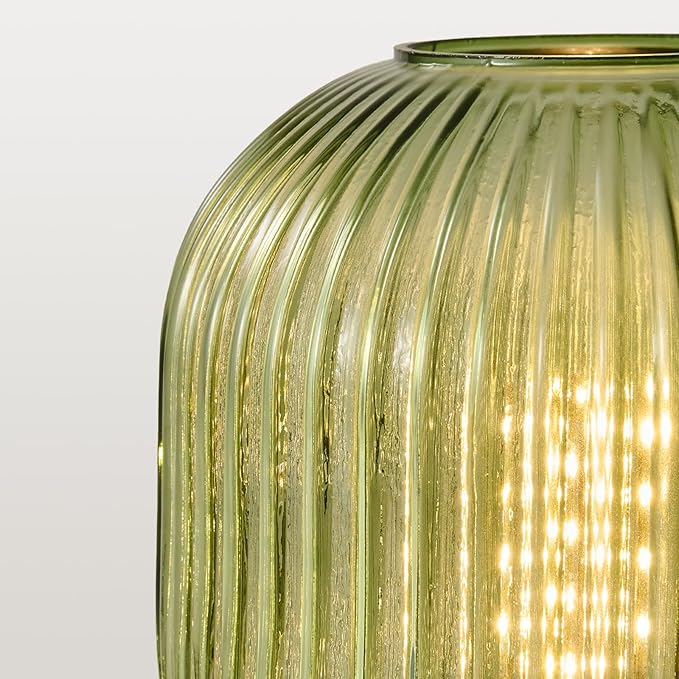 Mid Century Modern Table Lamp: Vintage Green Ribbed Glass Globe Dimmable Plug in Small Bedside Lamps - Cute Brass Gold Side Table Lamp Nightstand Light for Bedroom Entryway Office Desk Living Room