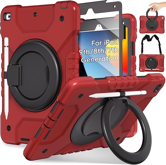 Andnary Case for iPad 9th/8th/7th Generation 10.2 inch, Shockproof Cover with Screen Protector/360° Rotating Handle/Bracket/Pen Holder/Shoulder Strap, Kids Case for iPad 2021/2020/2019 (Red+Black)