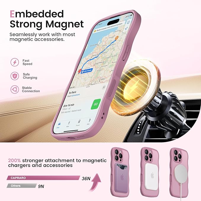 CAPRARO for iPhone 16 Pro Max Case with 360° Spin Magnetic Stand for Women, [Compatible with MagSafe] [Full Camera Protection] Cute Wave Translucent Matte Case for iPhone 16 Pro Max, Black Currant