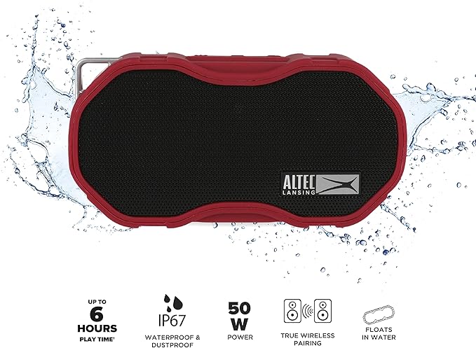 Altec Lansing - Baby Boom Waterproof Bluetooth Speaker, Wireless & Portable for Travel & Outdoor Use, Deep Bass & Loud Sound, 1 Pack (Red)