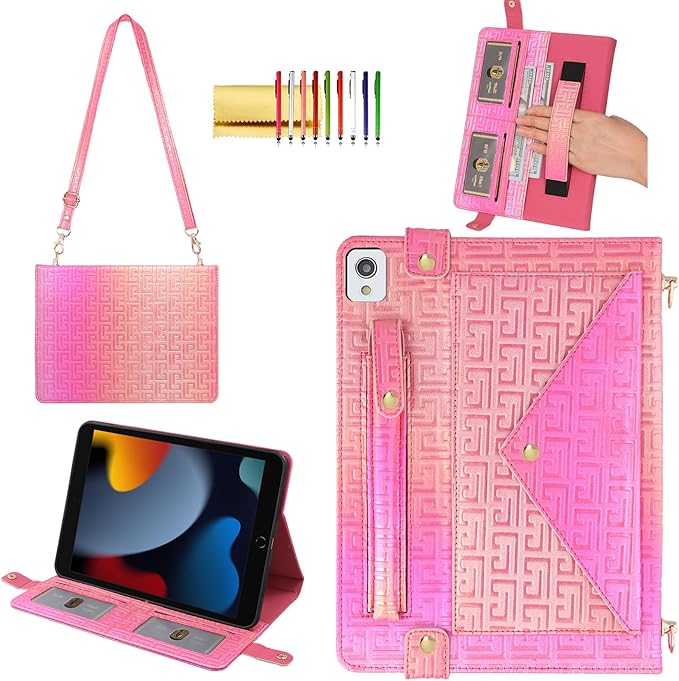 Shiny Case for iPad 6th/5th Gen 9.7 Inch (2018/2017), iPad Pro 9.7"/Air 2, Techcircle Crossbody Iridescent Folio Stand Multi-Pocket Wallet Case with Pencil Holder+Hand/Shoulder Strap, Shiny Rose Pink